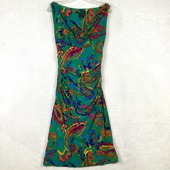 Lauren Ralph Lauren Dress Womens 4 Paisley Ruched Colorful Maxilmalism Beach - Picture 1 of 9